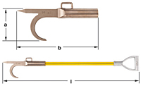 A pike pole with a fireman hook attached to the end of a yellow fiberglass pole, shown from two vertical angles. The top view displays the hook and spear while the bottom view shows the full length of the pole with a white D-grip at the opposite end.